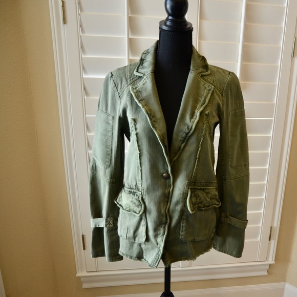 Free People Olive Green One Button Denim Jacket - Picture 2 of 11